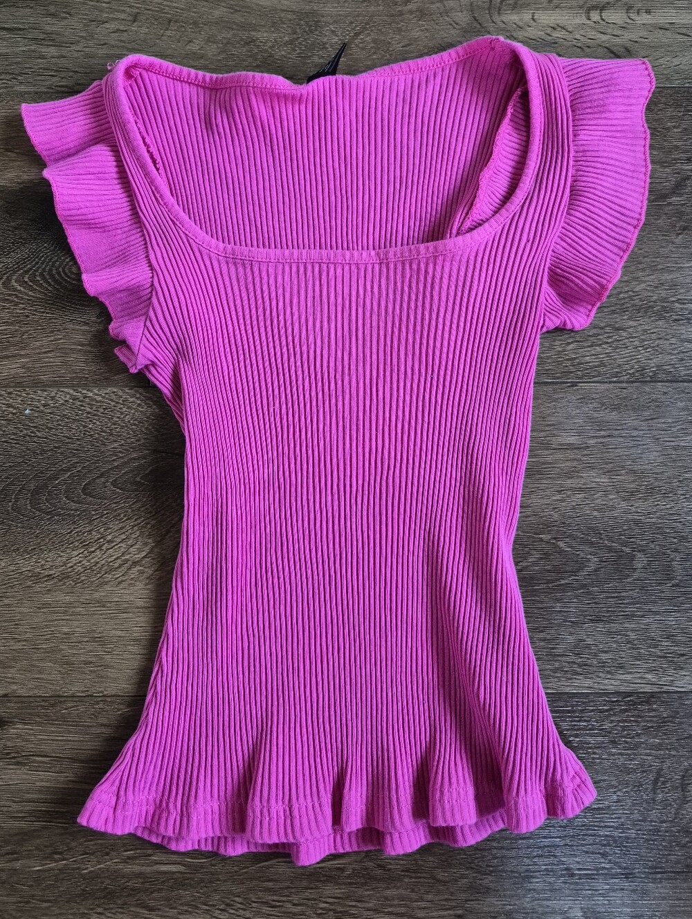 Shein Vacation Ruffle Trim Ribbed Knit Pink Crop Top Tee Sz XS
